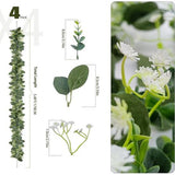 Eucalyptusdecoratie, 4 pakken, 1,5 m lange kunstmatige eucalyptusslinger met witte gipskruidbloemen, kunstmatige hangplant voor bruidsboeket
