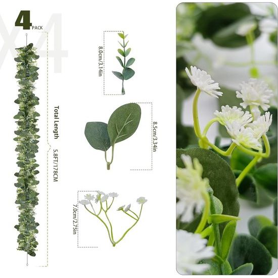 Eucalyptusdecoratie, 4 pakken, 1,5 m lange kunstmatige eucalyptusslinger met witte gipskruidbloemen, kunstmatige hangplant voor bruidsboeket