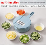 Groentesnijder, groenteschaaf, ui, hakmolen, komkommerschaaf, groentensnijder, rasp, groenrasp met houder, 5 messen, instelbaar, blauw