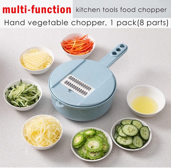 Groentesnijder, groenteschaaf, ui, hakmolen, komkommerschaaf, groentensnijder, rasp, groenrasp met houder, 5 messen, instelbaar, blauw