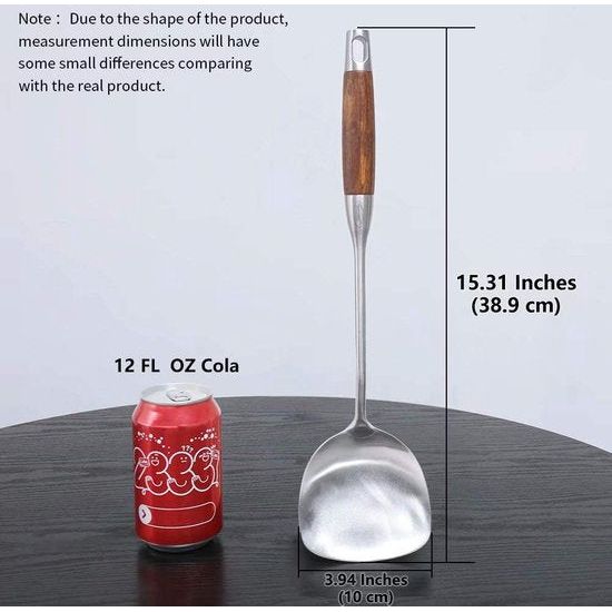 Roestvrijstalen wokspatel, wokspatel met hittebestendig houten handvat, comfortabele grip design lepel voor keuken, 38.9 cm