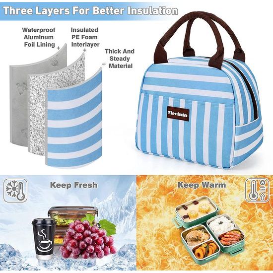 Lunchtassen voor voor en achter, schuine lunchtassen voor meisjes, lunchbox voor vol en kinderen, grote koeling, lunchtassen voor werk, school, picknick, blauw gestreept