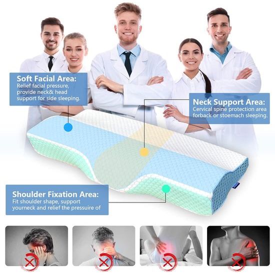 Traagschuimkussen, hoofdkussen, nekkussen, orthopedisch slaapkussen, afneembaar ergonomisch nekkussen, verlicht hoofd, schouder en nekpijn, wit-blauw, 50 x 30 x 10/6 cm