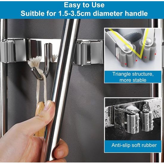 Bezemhouder muur, gereedschapshouder RVS met 2 houders en 3 haken, bezemsteelhouder, tuingereedschaphouder muur, muurbevestiging, bezemhouder voor badkamer, tuin, garage