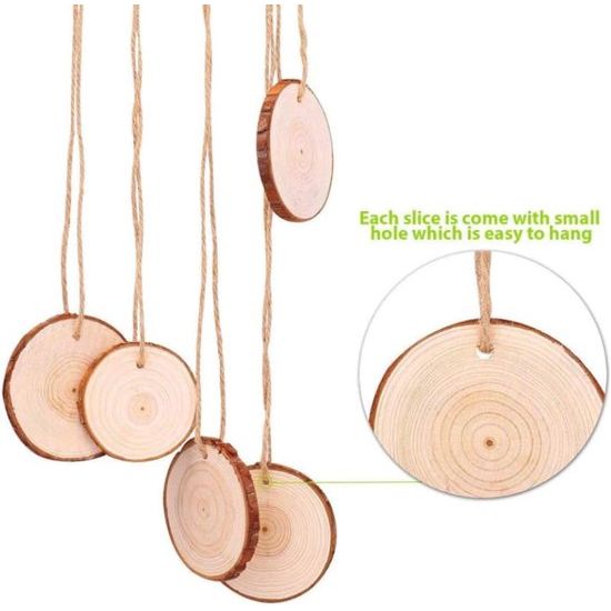 50 stuks houten schijven, rond 5-6 cm houten log schijven kit met gat onafgewerkte houten cirkels voor doe-het-zelf, knutselen, bruiloft, kerstdecoratie