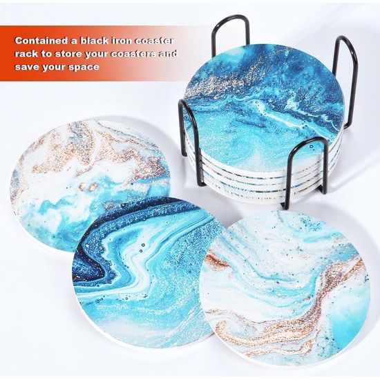 6 Pieces Round Absorbent Ceramic Coasters with Holder, Cork Base, Drink Coasters, Non-Slip Drink Coasters, Marble Theme for Housewarming, Kitchen, Room, Bar, Decoration