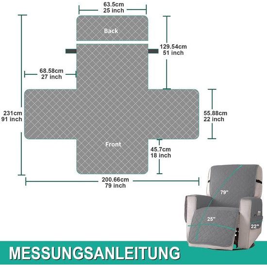Fauteuilbeschermer voor televisiestoel - waterdichte relaxstoel - stoelbeschermer met zakken en armleuningen - 1-zits, stoelbekleding, antislip, stoelbekleding voor meubelbescherming - Lichtgrijs