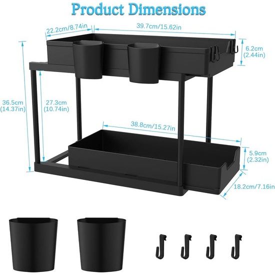 Premium Organisator voor onder de spoelbak - Flexibele 2-laags plank voor onder de spoelbak met 4 haken en 2 kopjes, organisator voor onder de kast voor badkamers, keukens - Zwart, uittrekbaar