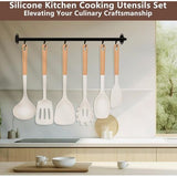 6-delige set kookgerei, van siliconen, hittebestendig, met houten handvat, anti-aanbaklaag, BPA-vrij, kookgerei, vaatwasmachinebestendig, inclusief spatel, lepel, pastamper (wit)