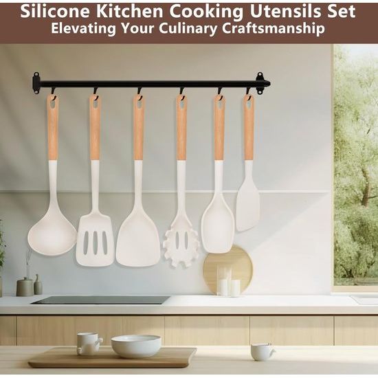 6-delige set kookgerei, van siliconen, hittebestendig, met houten handvat, anti-aanbaklaag, BPA-vrij, kookgerei, vaatwasmachinebestendig, inclusief spatel, lepel, pastamper (wit)