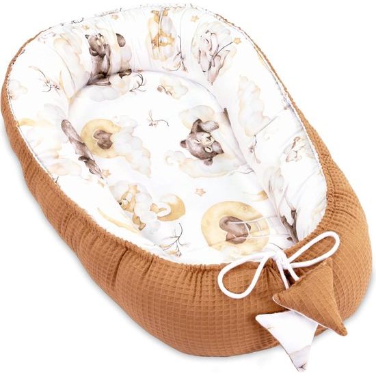 Babynestje voor pasgeborenen baby's, 90 x 50 cm, handgemaakte cocon, dubbelzijdig van katoen, wafel met babynestje, sluimerbeer, lichtbruin