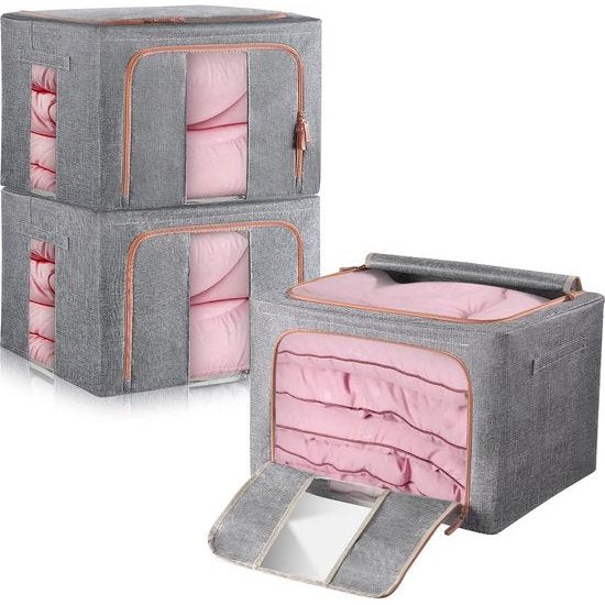 Opbergtas, 100 liter, metalen frame, katoenen was, beschermt tegen vocht en stof, dubbele openingsritssluiting, perfect voor kleding, speelgoed, beddengoed, dekens (set van 3)