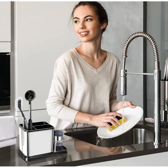 Spoelbak-organizer, roestvrij staal, met sponshouder, spoelbak - opslag spoelaccessoires met sponshouder keuken - afwasorganizer veilig en vaatwasmachinebestendig - gootsteen caddy