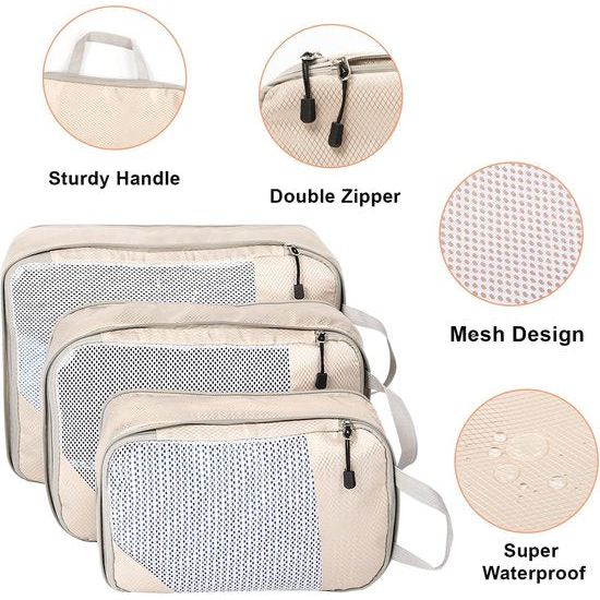 Kofferorganizer, Packing Cubes, compressiekoffer, organizer, set, waterdichte kofferorganizer, paktassen voor koffer, reizen, benodigdheden, uitbreidbaar, reistas, organizer voor handbagage, beige, 3