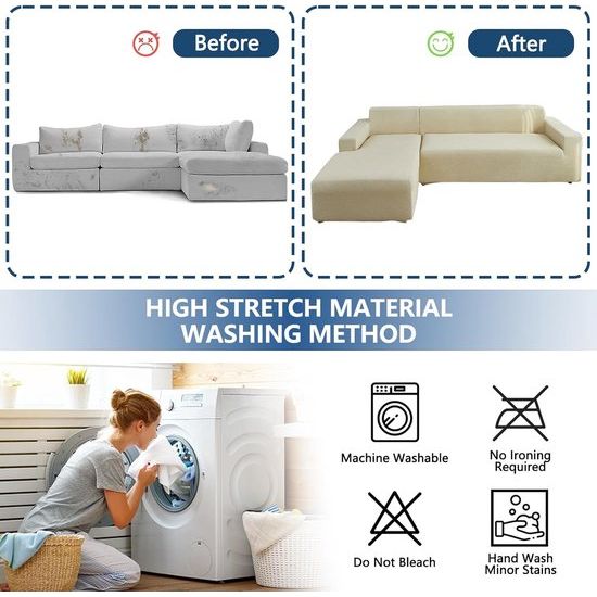 Bankhoes, hoekbank, L-vorm, waterdicht, stretch, universele bankovertrek voor 1/2/3/4-zits, L-vorm, hoekbank vereist twee, 4-zits, beige