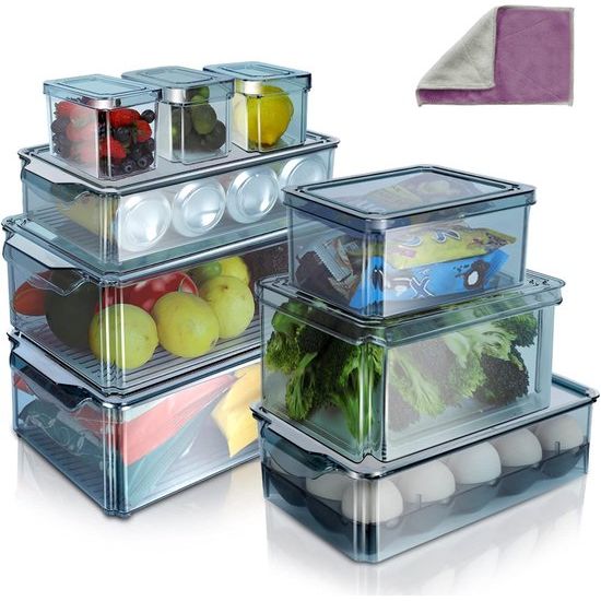 Koelkastorganizer met deksel, 9 stuks, stapelbare doorzichtige koelkastopbergdoos voor keuken, eetkamer, kasten, blauw