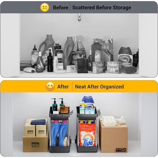 Gootsteenorganizer, keukenkastorganizer met roestvrijstalen buis, 2 stuks onder gootsteenplank, onderkastorganizer met 4 haken, keukenplank voor keuken, badkamer, kast, tafelblad -