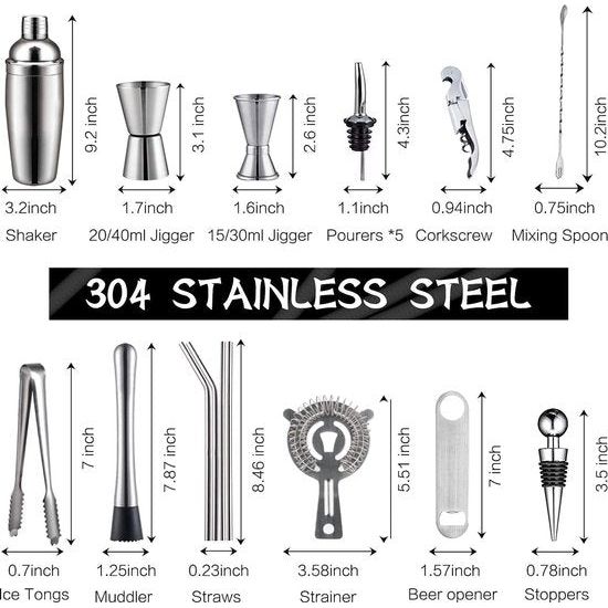 CGPN  Cocktail Shaker Set – 19 delige roestvrijstalen bartensil set met roterende bamboe standaard – perfecte barset tools voor een fantastische drankmix ervaring