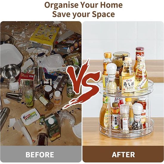 Lazy Susan Koelkastorganizer, draaibare kruidenhouder, draaitafel, kast, organizer, keuken, draaibaar kruidenrek, doorzichtig, kruidenorganizer, keukenrek, twee verdiepingen, 23 cm