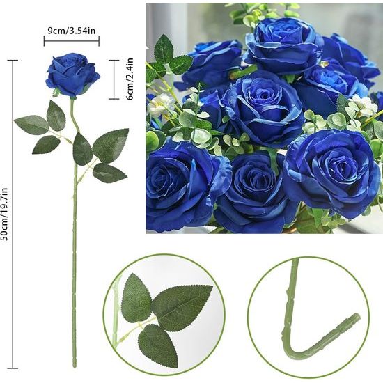 10 stuks zijden kunstrozen, bruidsboeket, bloemen (blauw)