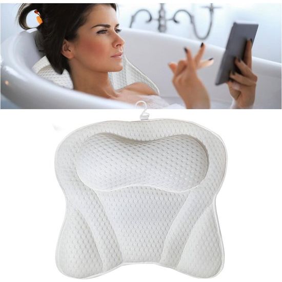 Badkussen, hoofdsteunbad met 4D Air Mesh-technologie, badkussen nekkussen met 6 zuignappen, comfortbadkussen voor hoofd, nek, schouders, rug voor home spa, wit