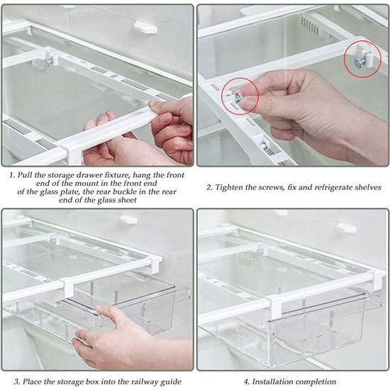 Koelkastlade-organizerbakken, met uittrekbare handgreep, opbergdoos voor koelkast, plankhouder, doorzichtige container voor eten, drinken, eieren, fruit, verwijderbare tussenschotten