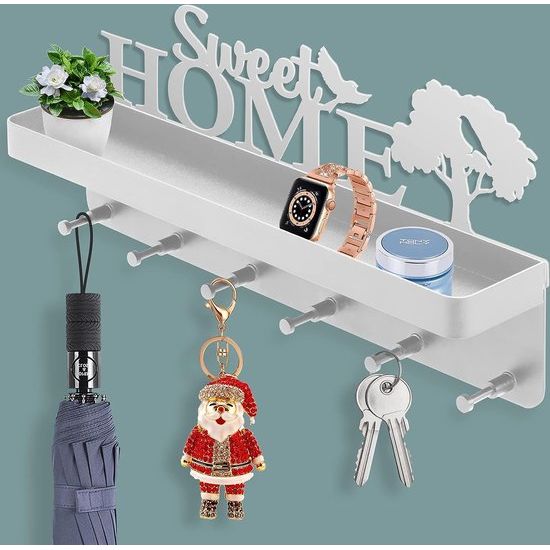Sweet Home Sleutelrek met opbergruimte, wit, zelfklevend sleutelbord, 6 haken, decoratieve sleutelhouder, hanger, wooncultuur voor entree, hal, kantoor patent