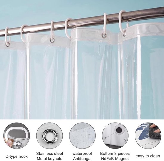 Douchegordijn 180x200cm transparant douchegordijn met magneetbodem douchegordijnen Eva anti-schimmel waterdichte douchegordijnen met 12 douchegordijnringen voor badkuip douche