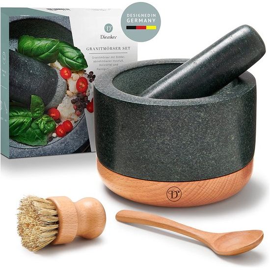 Premium granieten vijzel met stamper, diameter 14 cm, verwijderbare houten voet, houten lepel en reinigingsborstel in set - kruidenvijzel, groot, moerser, stenen moerser, barbecue-accessoires