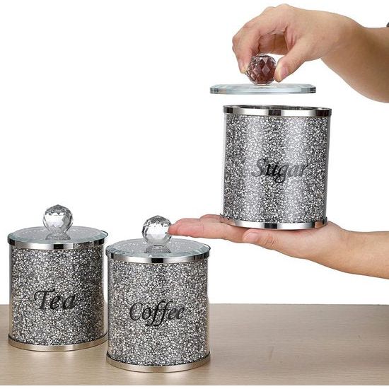 Set van 3 verpletterde diamanten potten met deksels voor suiker koffie thee - glazen containers voor keuken glas modern decor toonbankdecoratie