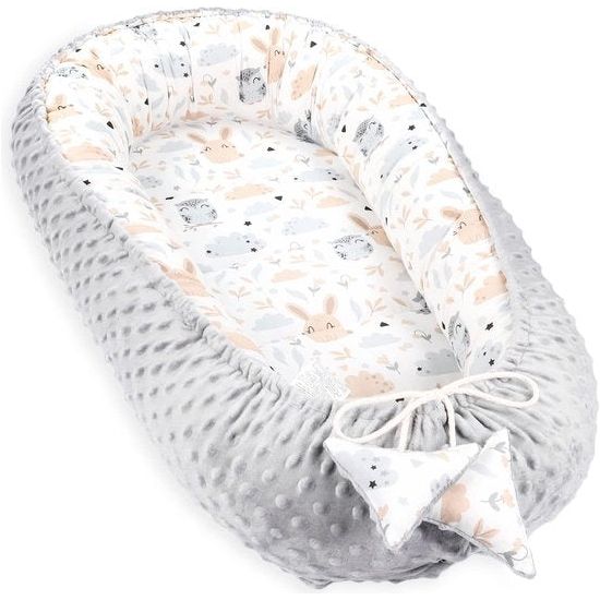 nestje voor baby's, 90 x 50 cm, knuffelnest voor pasgeborenen, van katoen, polyester, winter/herfst, cocon, babynest, binnen en buiten, uil, grijs