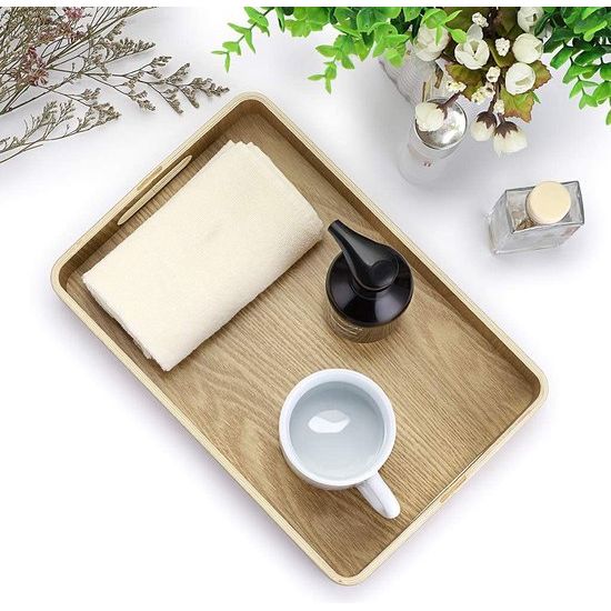 Decoratief dienblad van hout met 2 handgrepen, houten dienblad, decoratieve serveerplaten voor koffie, thee, Wenen, fruitserveerbord voor salontafel, bureau, woonkamer (rechtshandig, 33 x 22 cm)