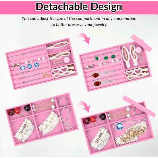 Set van 5 stapelbare, veelzijdige roze fluwelen sieradenorganizers, 21 x 12 x 2,4 cm, perfect voor oorbellen, halskettingen, armbanden en ringen, sieradenkistjes