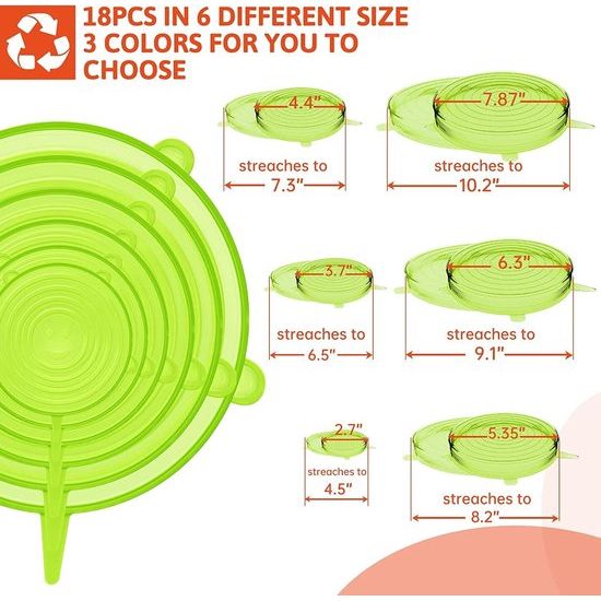 siliconen deksel, 18-delig siliconen stretch deksel, BPA-vrij, herbruikbare siliconen afdekking, universele siliconen vershouddeksel voor schotels, potten, glazen, bekers