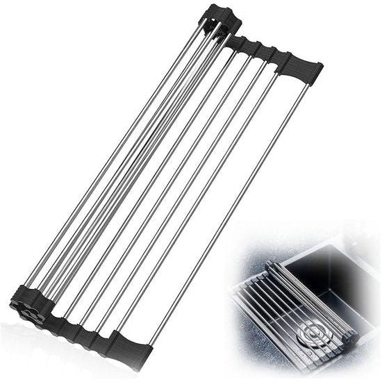 Roestvrij stalen afdruiprek, afdruiprek, afdruiprek, oprolbaar afdruiprek, inklapbaar en afneembaar, voor keuken, spoelbakken, fruit, groenten (43 x 40 cm)