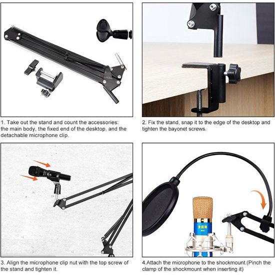 Microfoonstandaard, microfoonarmsteun, microfoon, bureau, gamingtafel met microfoonhouder, anti-vibratie, 360 graden opslag, maximaal 3 kg