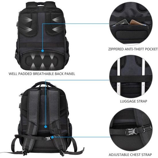 Laptoprugzak voor heren, 17,3 inch, zakelijke reisrugzak, handbagage, waterdicht, met harde veiligheidsruimte, oplaadaansluiting, RFID-tas voor mannen, vrouwen, universiteit, school, zwart,