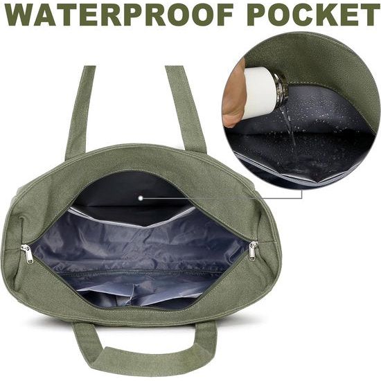 Grote strandtas met ritssluiting dames waterdichte schoudertas draagtas shopper zanddicht met ritssluiting zwembad fitness reistas familie, legergroen canvas