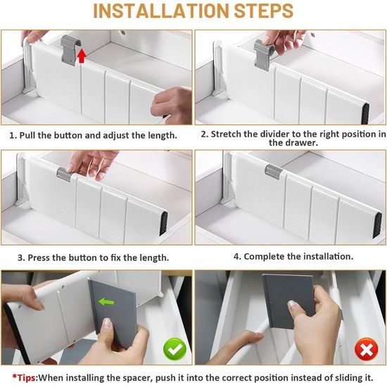 Schuifladenorganizer, set van 4 ladeverdelers, verstelbaar (28-44,5 cm, 10,5 cm hoog), antislip ladeverdeler, opbergsysteem voor keuken, slaapkamer, badkamer, commode, wit