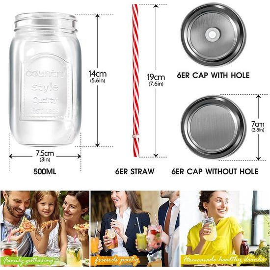 500ml Mason Jars, Drinkglazen met Deksels & Herbruikbare Rietjes, Glazen Conservering Potten voor Smoothies, Cocktails, Dranken - Set van 6