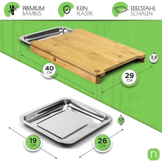 Naturlik Snijplank van hoogwaardig hout (bamboe) | 2 uittrekbare lades van roestvrij staal voor meer ruimte om te snijden | praktische keukenhulp: resten naar links & snijdsel naar rechts | mooi design | ideale