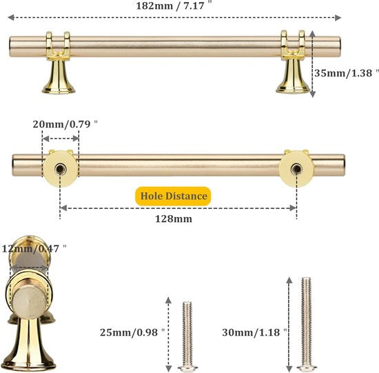 6 stuks T-meubelgrepen, 128 mm, keuken, gouden deurgrepen voor keuken, kastgrepen, ladegrepen, T-stanggreep, keukengrepen, kastgrepen, zinklegering, inclusief schroeven