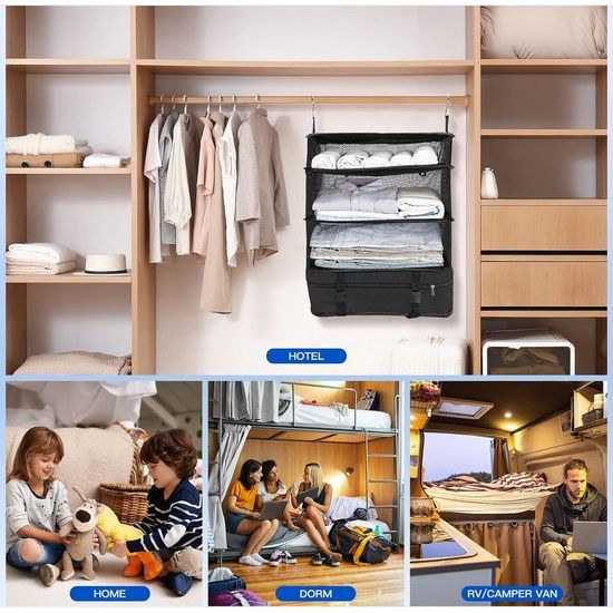 Koffer-organizer, hangend, opvouwbaar, met make-uptas, 2-delig, draagbare pakkubus, hangkast, pakkubus om op te hangen, opbergtas voor koffer en bagage, zwart