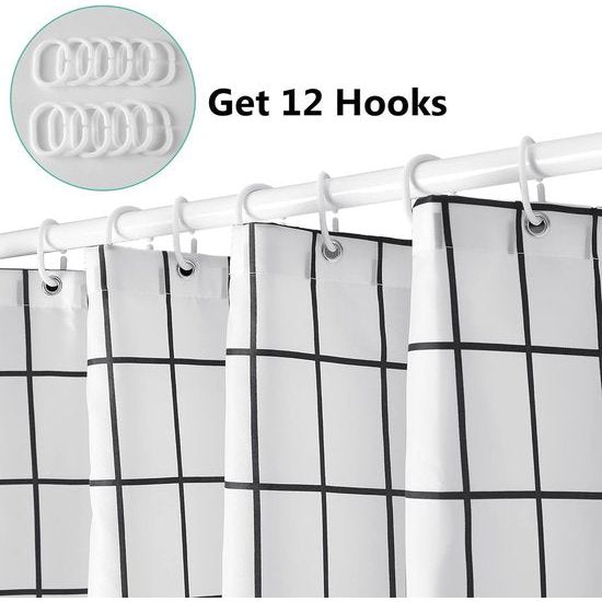 Shower Curtain 180 x 200 White Waterproof Polyester Bath, Curtain Washable Quick Dry with 12 Shower Curtain Rings and Weighted Hem