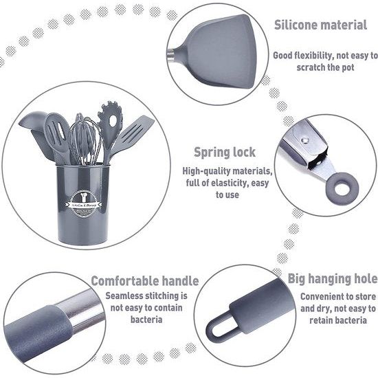 Frasheng Siliconen keukengerei set 34 stuks, siliconen kookgerei set, kookgereedschapset, niet-stick hittebestendig keukengerei, met roestvrijstalen handgreep, voor koken en bakken, gemakkelijk schoon te maken, grijs.