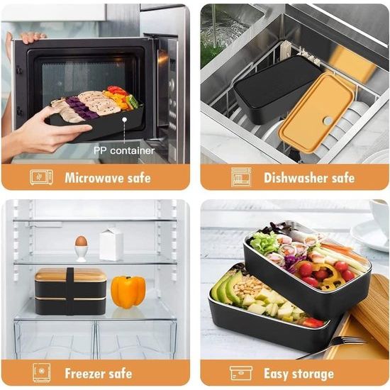 Bento Box in Japanse stijl, 2-traps lunchbox met 2 stuks milieuvriendelijke PP-containers en roestvrijstalen containers, broodtrommel met vakken voor kinderen en volwassenen, snackverpakking