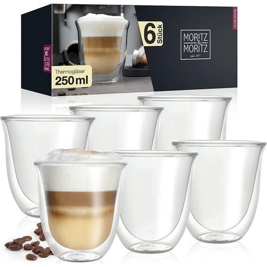 Barista Napoli 6 x 250 ml cappuccino glazen dubbelwandig – dubbelwandige glazen voor koffie, thee of dessert – vaatwasmachinebestendig