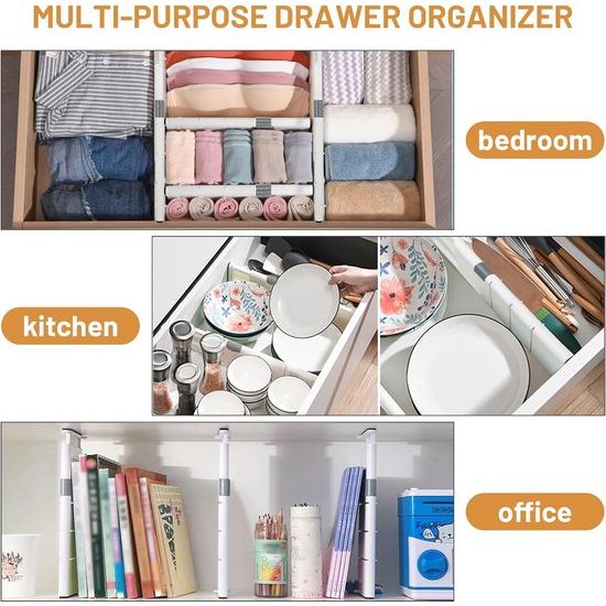Schuifladenorganizer, set van 4 ladeverdelers, verstelbaar (28-44,5 cm, 10,5 cm hoog), antislip ladeverdeler, opbergsysteem voor keuken, slaapkamer, badkamer, commode, wit