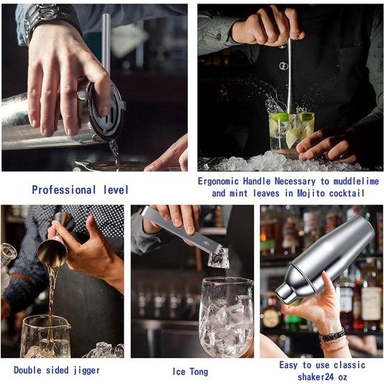 Cocktailset, cocktailshakerset, gemaakt van roestvrij staal, 14-delige barkeeperset, met houten houder, 750 ml, cocktail cadeauset voor thuis of in de bar.