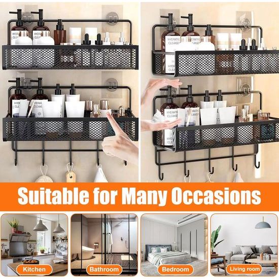 Set van 2 doucheplanken zonder boren, badkamerplanken, doucheplank, metalen douchemanden, badkamerplankorganizer, hangende shampoohouder, zelfklevende doucheplank met haken voor de badkamer